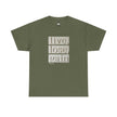 Olive green t-shirt with 'live, lose, gain' motivational text design on front.