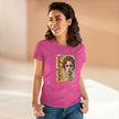 Woman wearing pink t-shirt with artistic neurodivergent graphic and modern portrait design