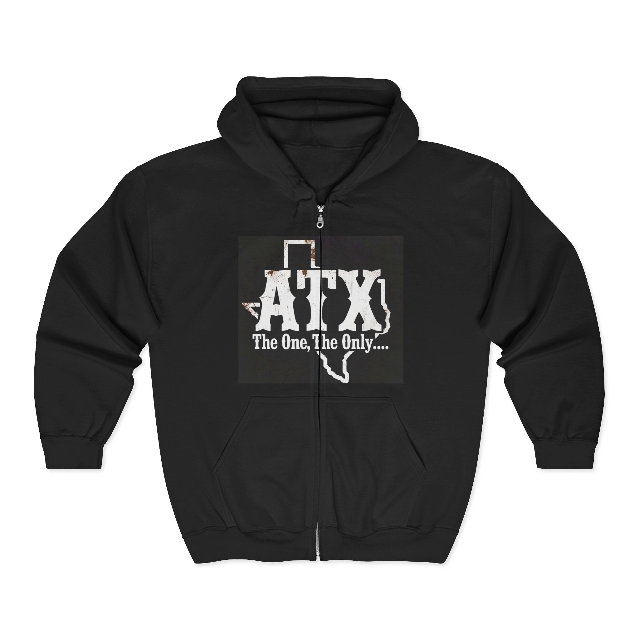 Black zip hoodie with Texas outline and 'ATX The One, The Only...' graphic on chest.