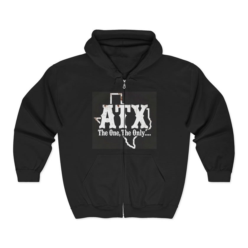 Black zip hoodie with Texas outline and 'ATX The One, The Only...' graphic on chest.