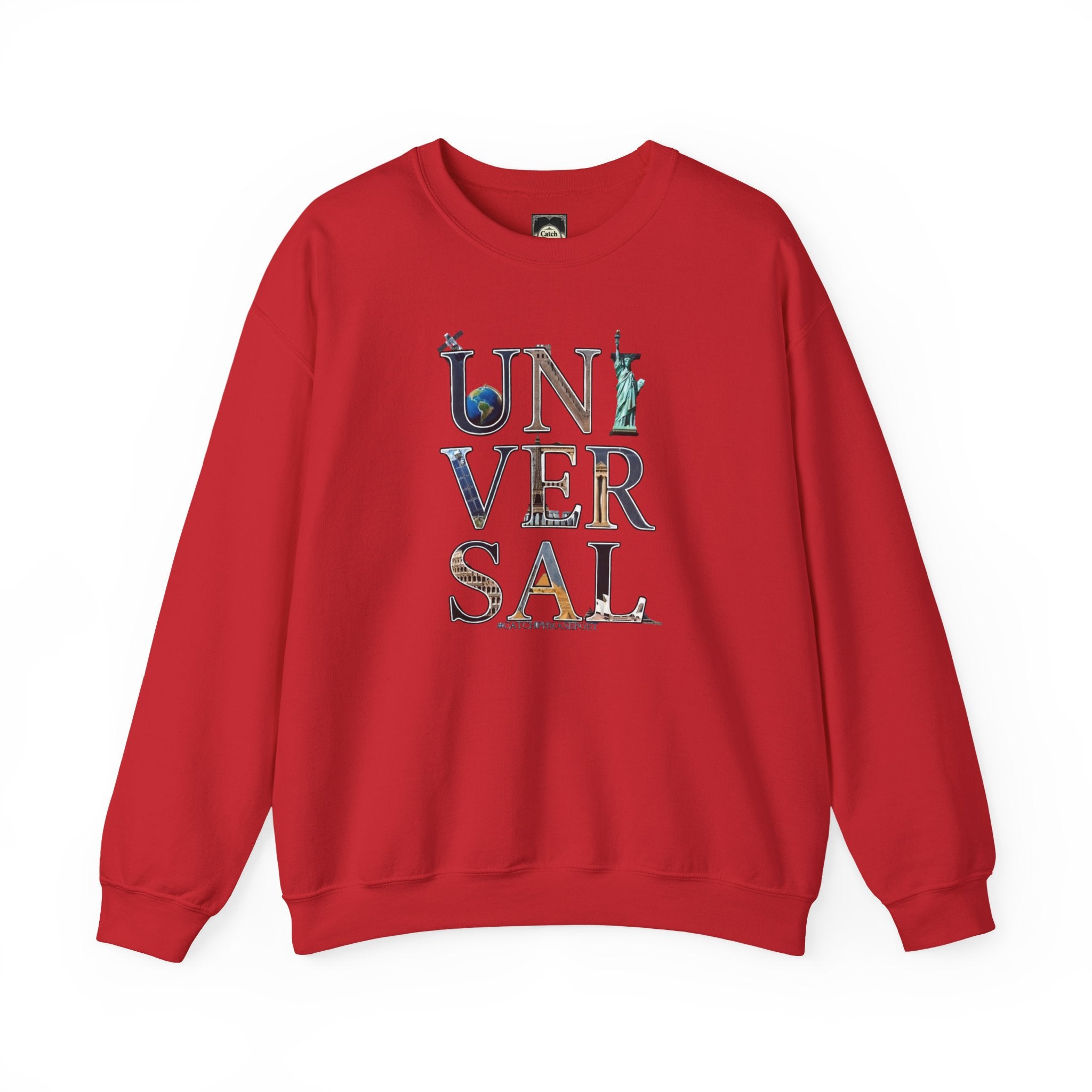 Red crewneck sweatshirt with colorful 'UNIVERSAL' graphic text on front.