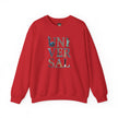 Red crewneck sweatshirt with colorful 'UNIVERSAL' graphic text on front.
