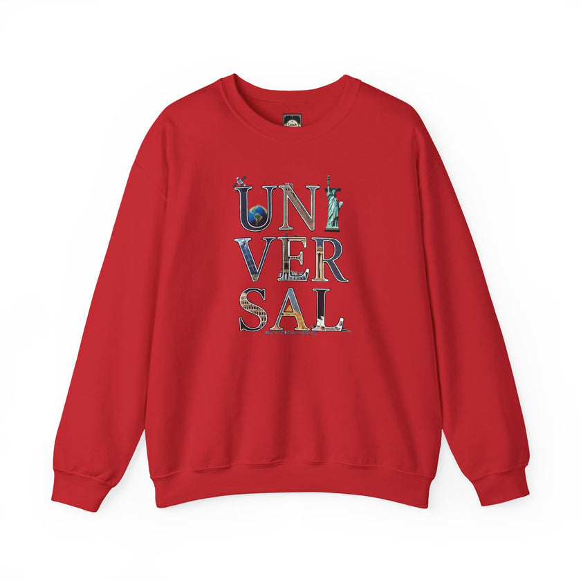 Red crewneck sweatshirt with colorful 'UNIVERSAL' graphic text on front.