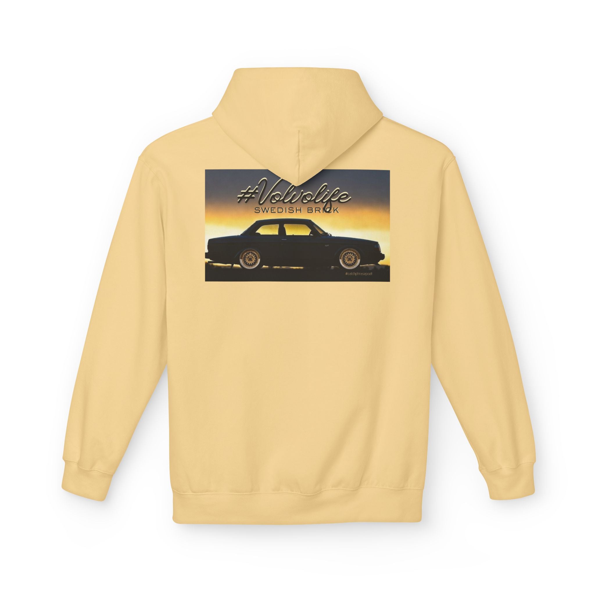Beige hoodie with vintage car graphic and '#Volvolife Swedish Brick' text on back.