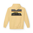 Beige hoodie with vintage car graphic and '#Volvolife Swedish Brick' text on back.