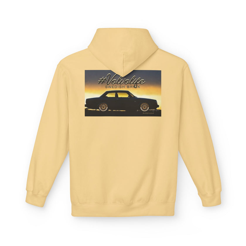 Beige hoodie with vintage car graphic and '#Volvolife Swedish Brick' text on back.