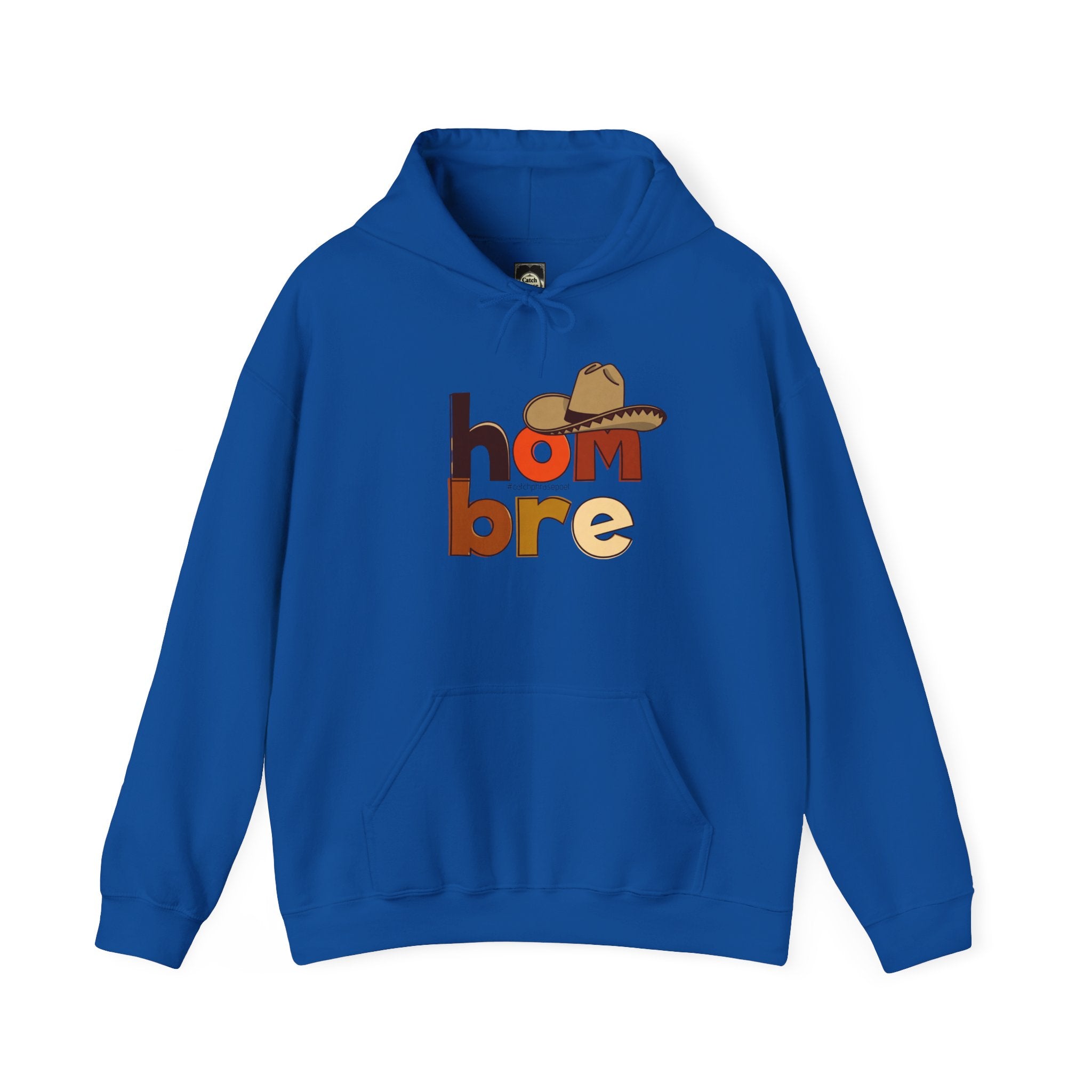 Blue hoodie with colorful 'hombre' text and cowboy hat graphic on front