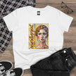 White t-shirt with 'neurodivergent' graphic art of a split-face woman, laid flat with jeans and shoes.