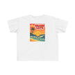 Toddler 'Beach Life' retro sunset palm graphic tee, front view — Catch Phrase Poet