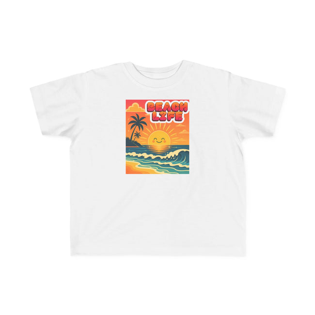 Toddler 'Beach Life' retro sunset palm graphic tee, front view — Catch Phrase Poet