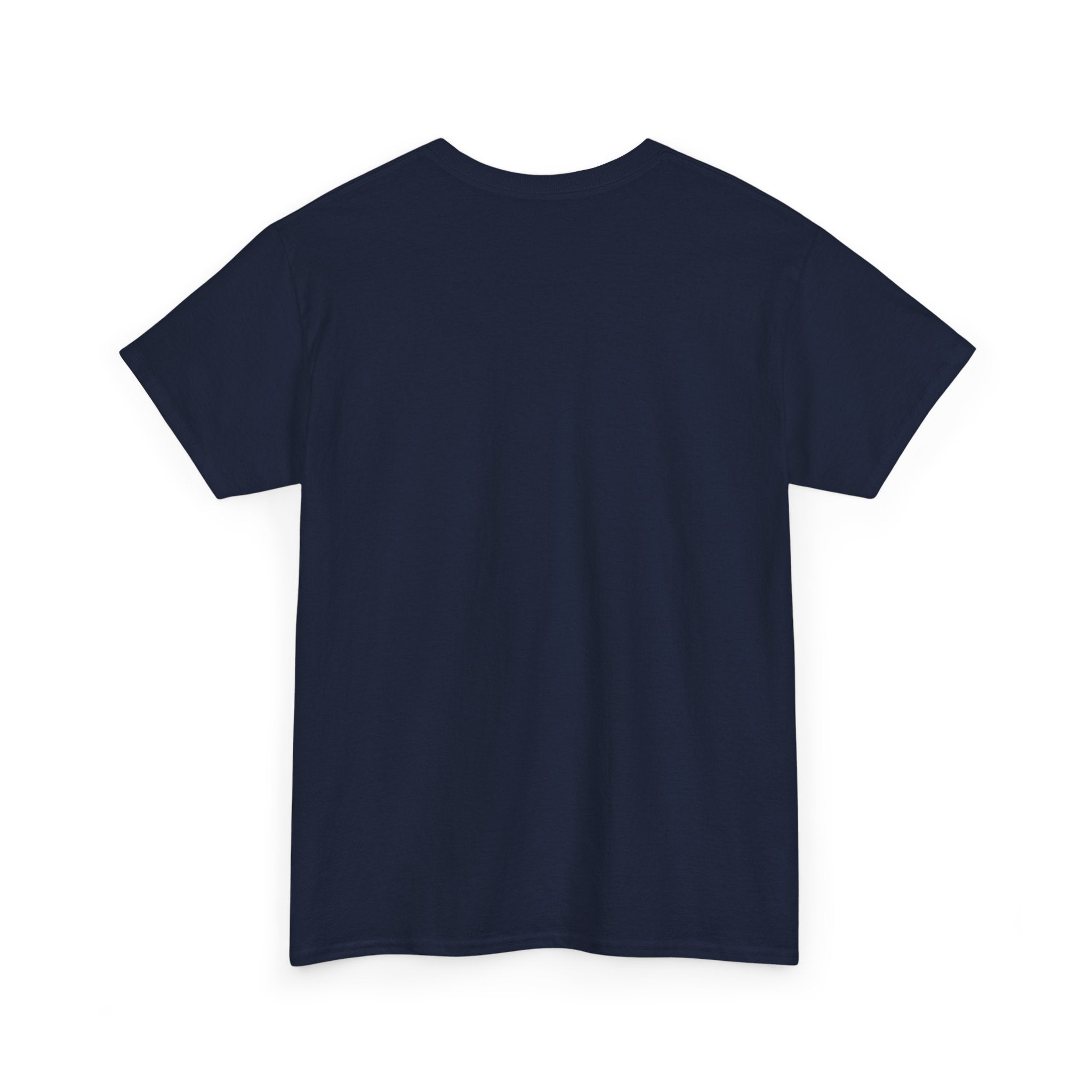 Back view of plain navy blue short sleeve t-shirt on white background