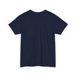 Back view of plain navy blue short sleeve t-shirt on white background