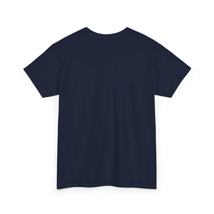 Back view of plain navy blue short sleeve t-shirt on white background