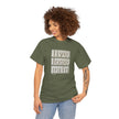 Woman wearing olive green t-shirt with 'live, lose, gain' affirmation text design