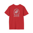 Red t-shirt with white chalk hashtag symbol and 'truth verse #catchphrasepoet' text on back.