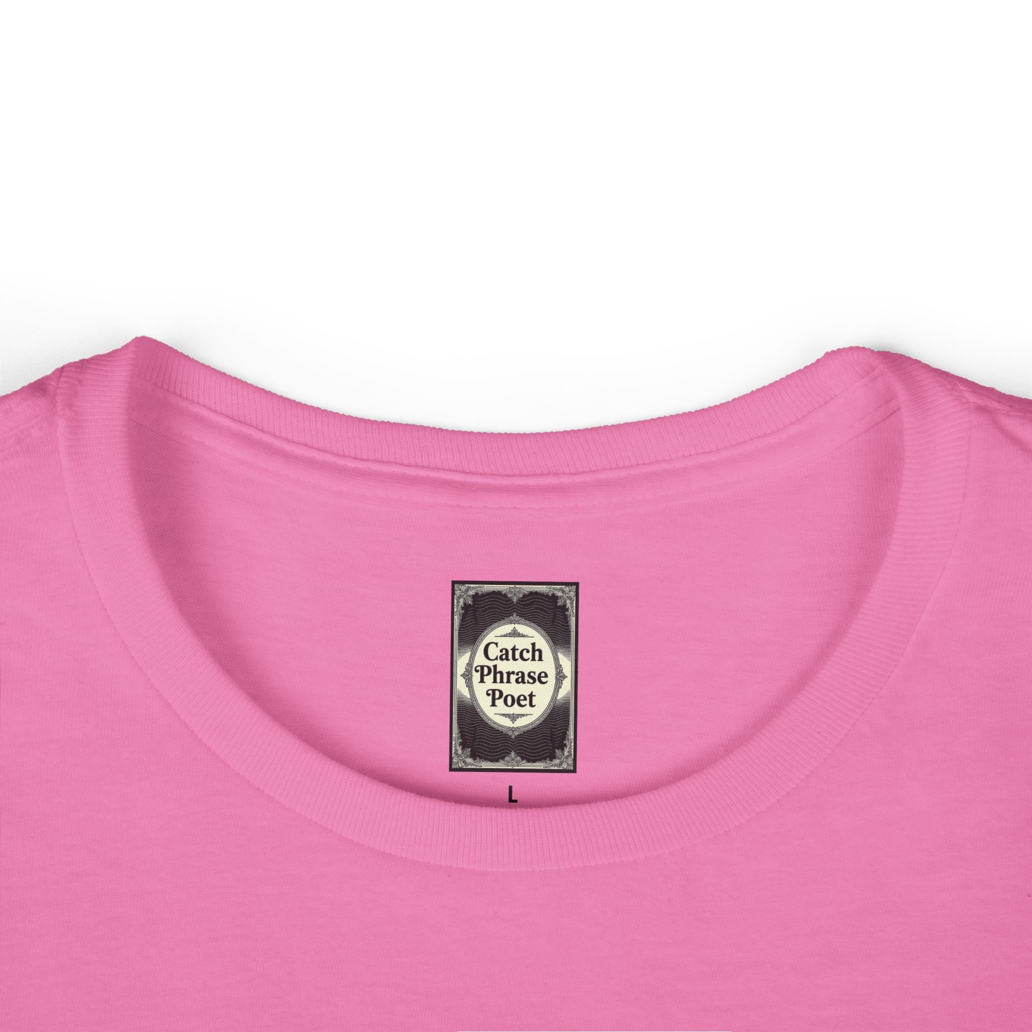 Pink crew neck t-shirt with Catch Phrase Poet label inside collar