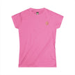 Pink women's t-shirt with small gold crest graphic on chest, laid flat on white background