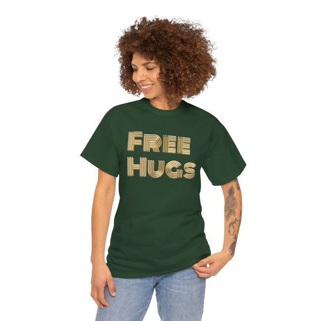 Free Hugs Tee | Retro Gold Stripe Text, Casual Comfort Shirt Smile Everyone