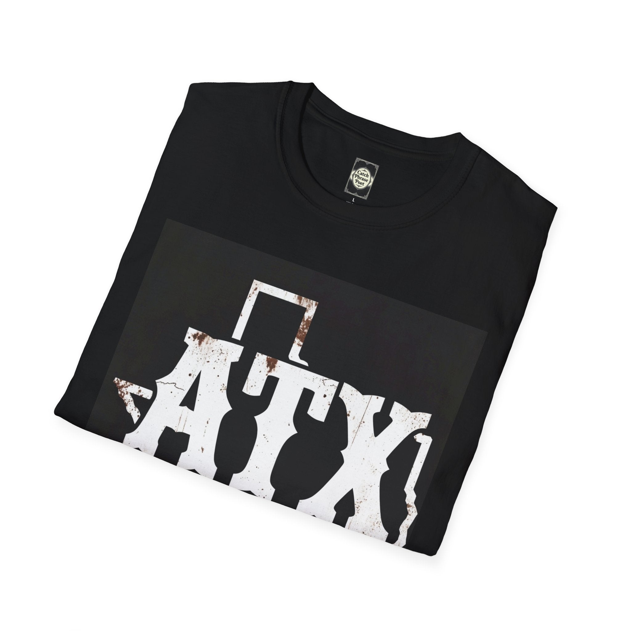 Folded black t-shirt with distressed white ATX Texas graphic on front