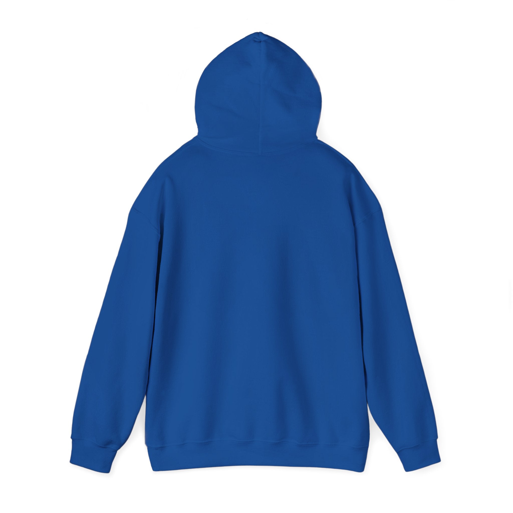 Back view of plain blue hooded sweatshirt on white background