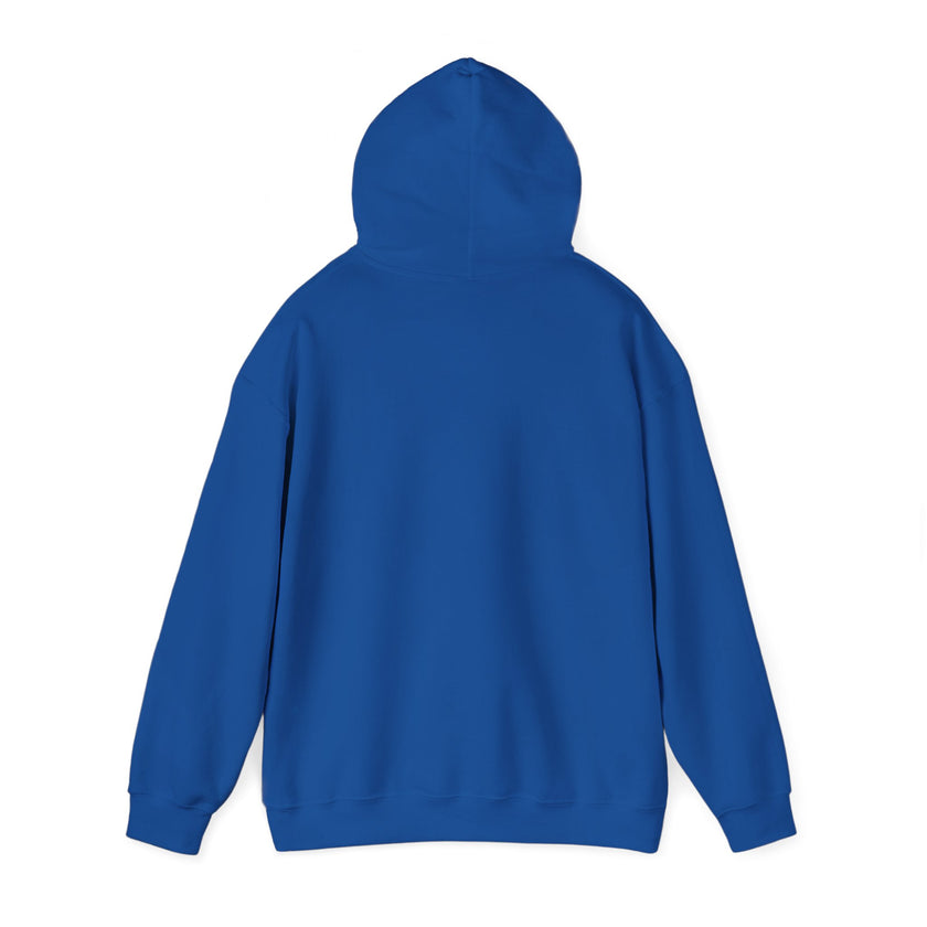 Back view of plain blue hooded sweatshirt on white background