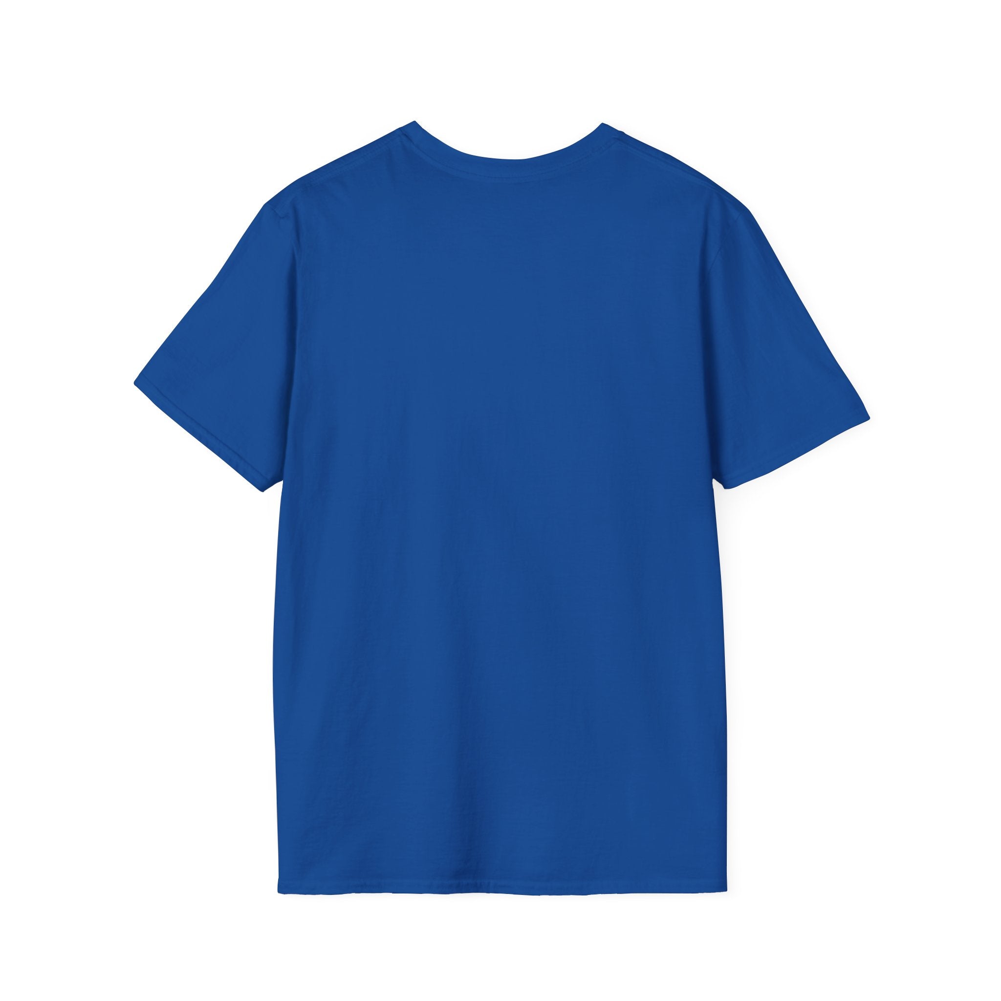 Plain blue short sleeve cotton t-shirt, back view, minimalist casual apparel