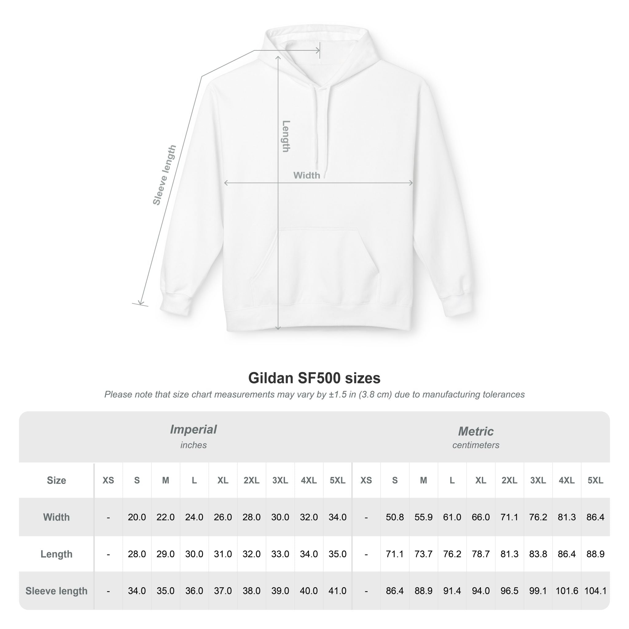 Gildan SF500 hoodie size chart with width, length, and sleeve measurements in inches and cm.