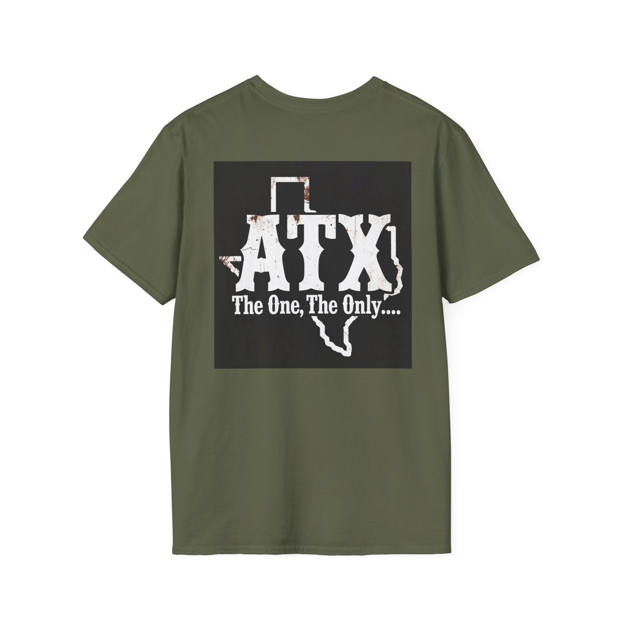 Olive green T-shirt with ATX Texas graphic and 'The One, The Only....' slogan on back