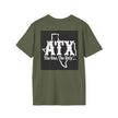 Olive green T-shirt with ATX Texas graphic and 'The One, The Only....' slogan on back
