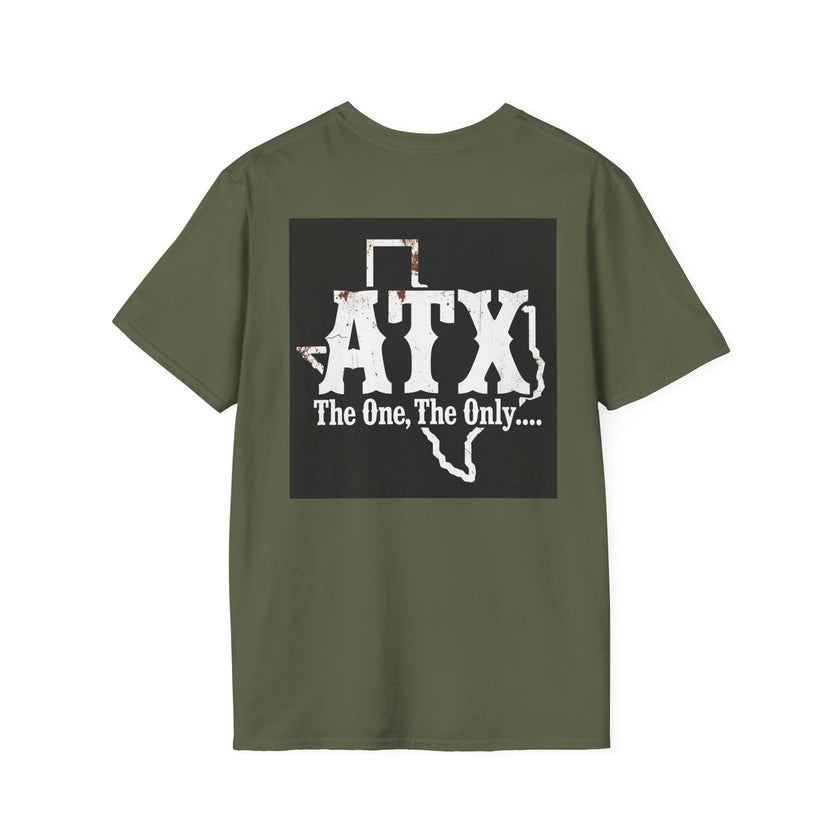 Olive green T-shirt with ATX Texas graphic and 'The One, The Only....' slogan on back