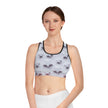 Woman wearing a star pattern sports bra, activewear for mindful living, white background