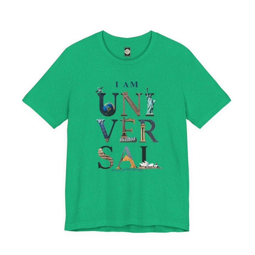 Green t-shirt with 'I AM UNIVERSAL' and world landmarks graphic design on front