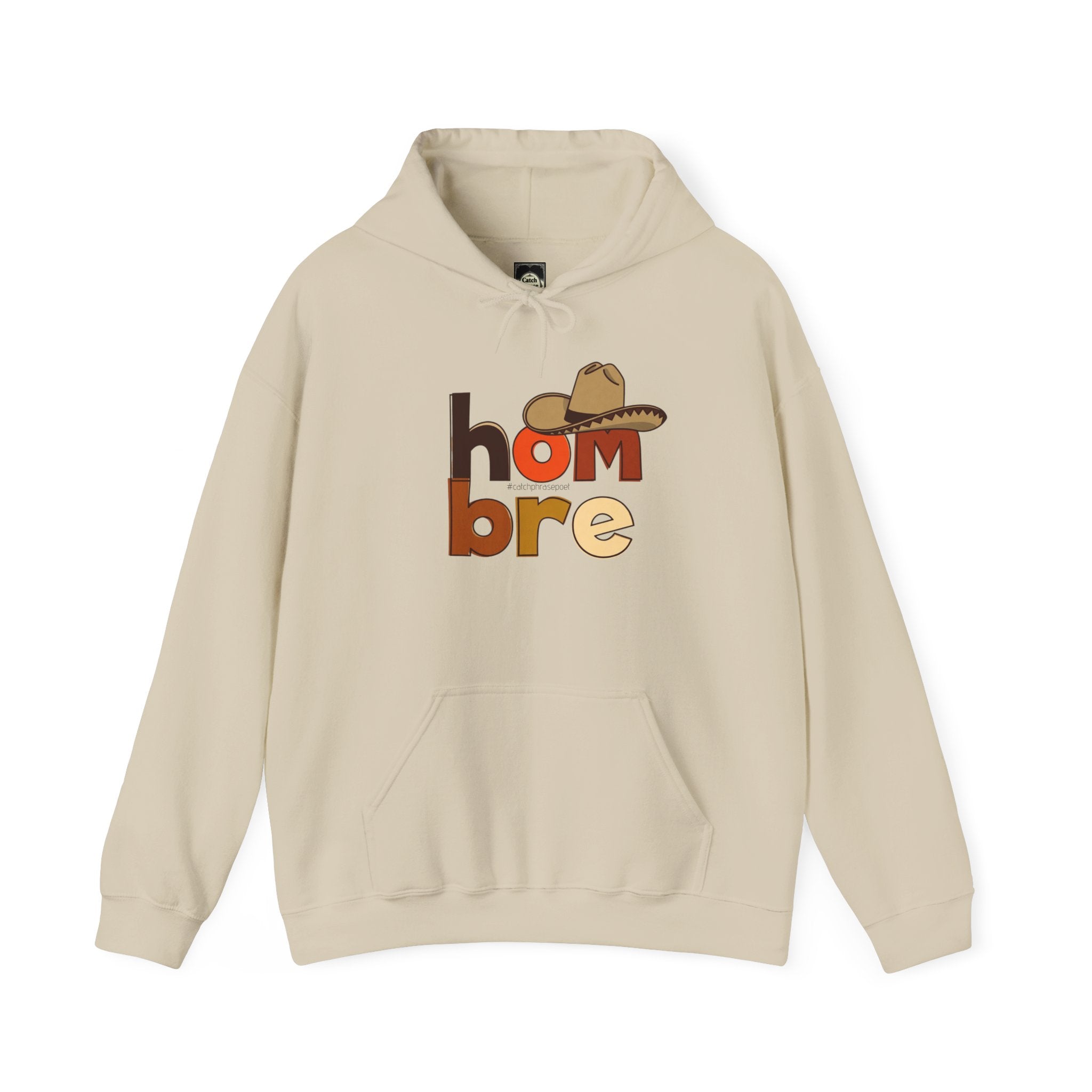 Beige hoodie with 'hombre' text in bold colors and a cowboy hat graphic on the chest