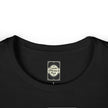 Black t-shirt collar with 'Catch Phrase Poet' label, size L, close-up view