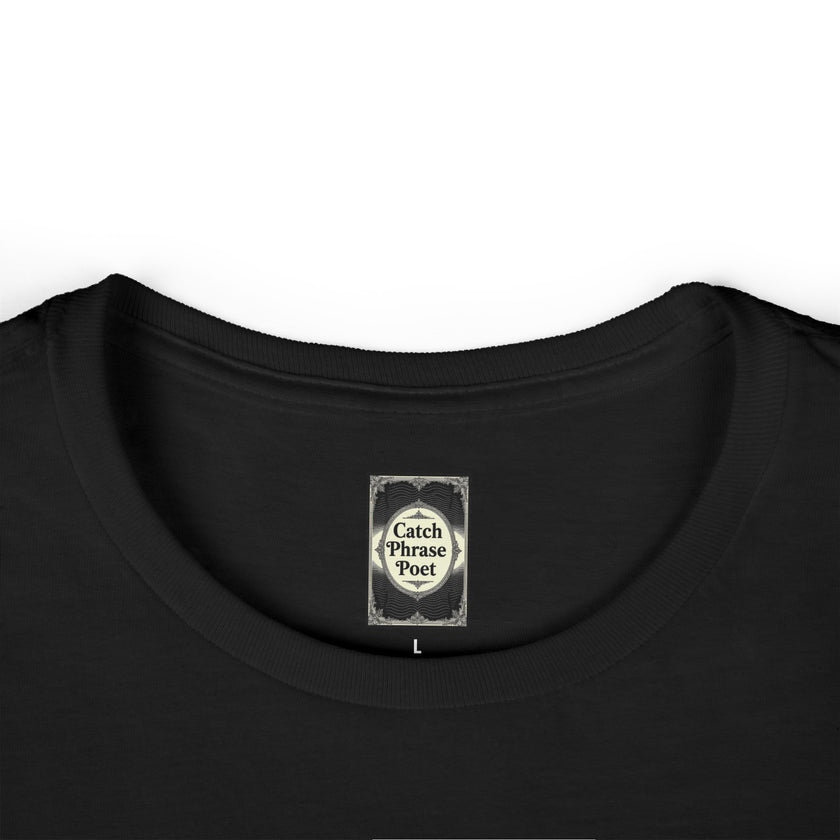 Black t-shirt collar with 'Catch Phrase Poet' label, size L, close-up view