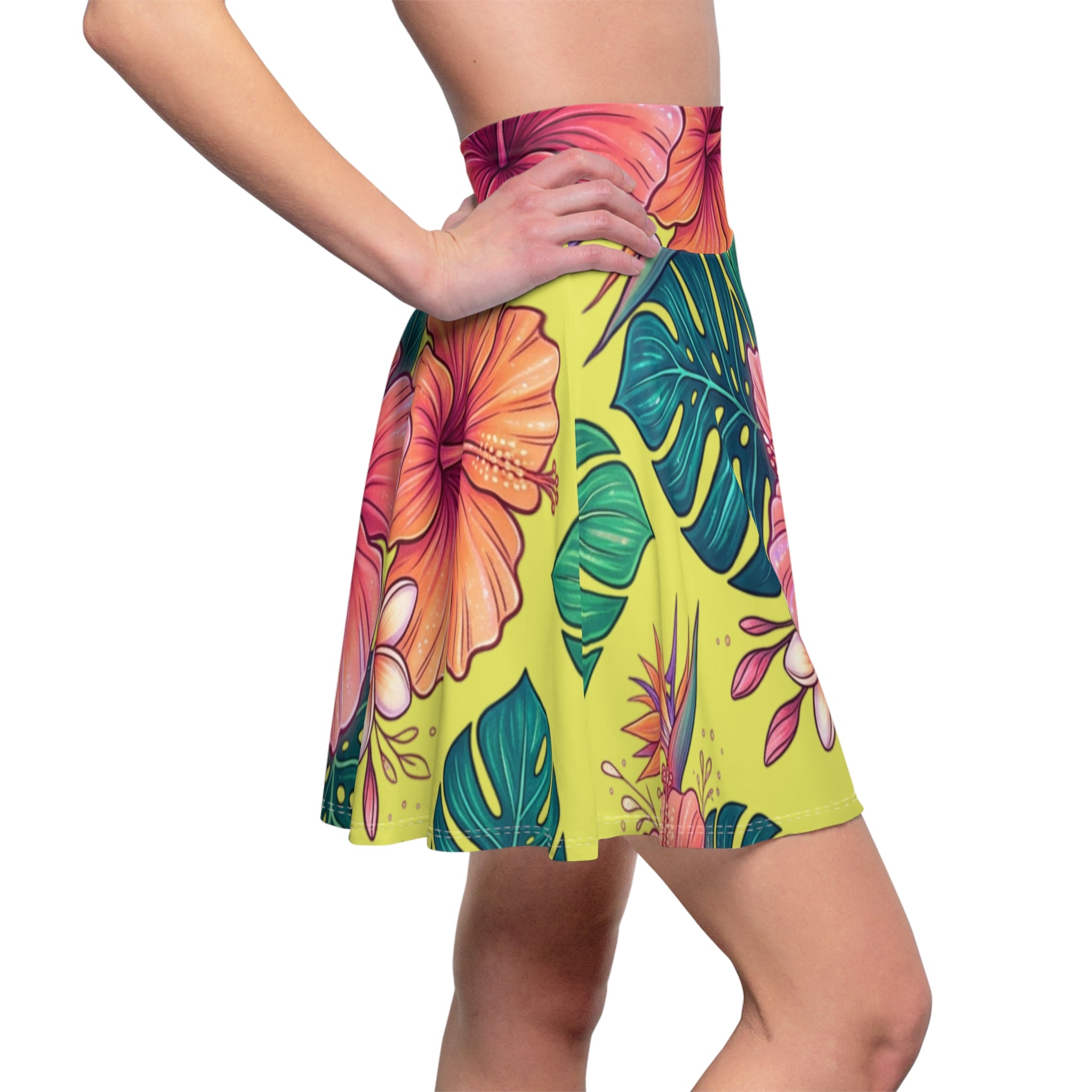 Yellow floral hibiscus all-over print skater skirt