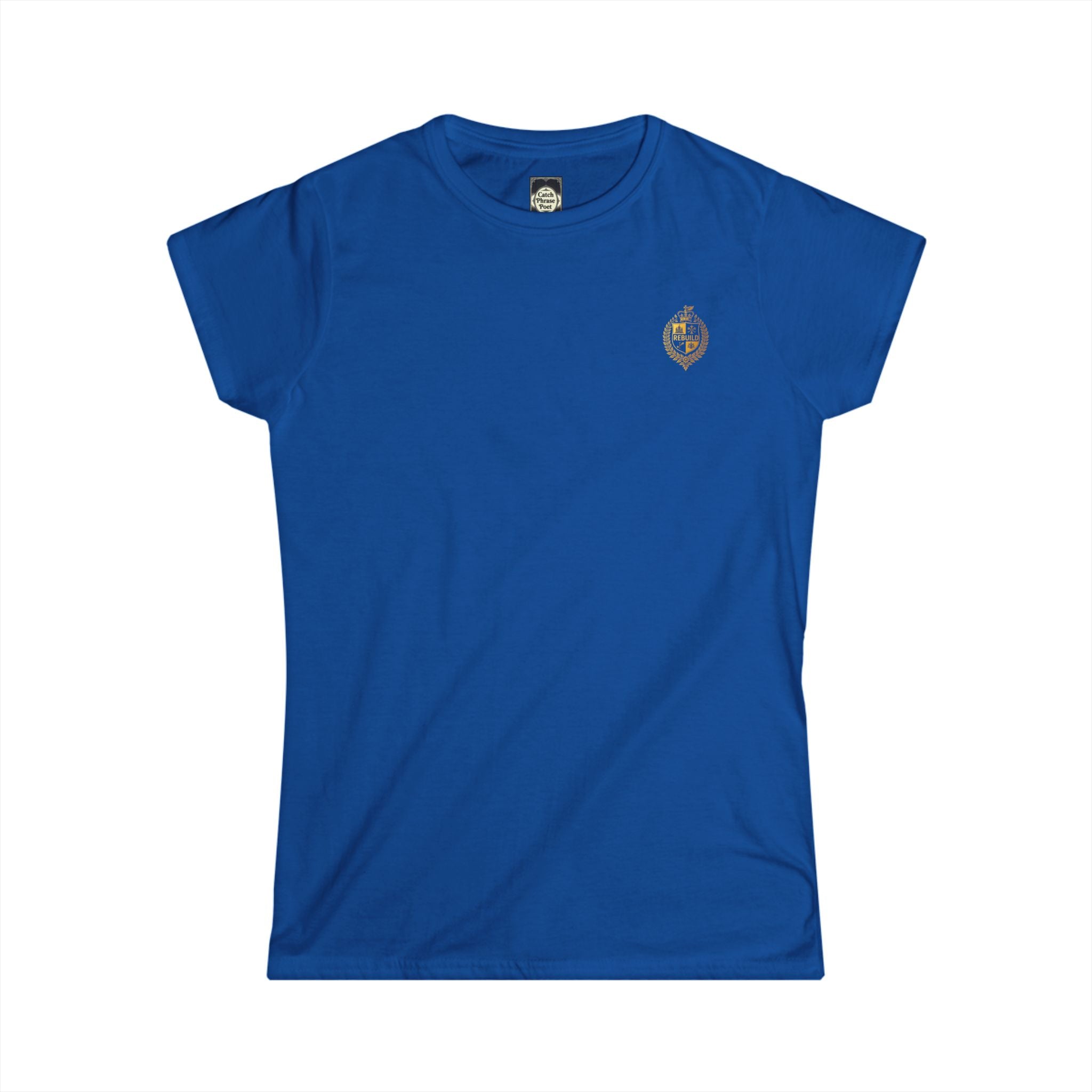 Royal blue women's t-shirt with small embroidered crest on the left chest