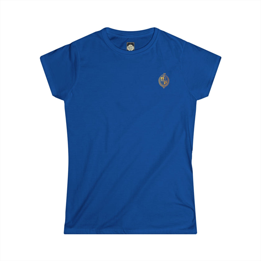 Royal blue women's t-shirt with small embroidered crest on the left chest