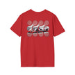 Red graphic tee featuring abstract racing car print on back, streetwear, men's clothing