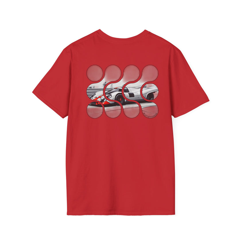 Red graphic tee featuring abstract racing car print on back, streetwear, men's clothing