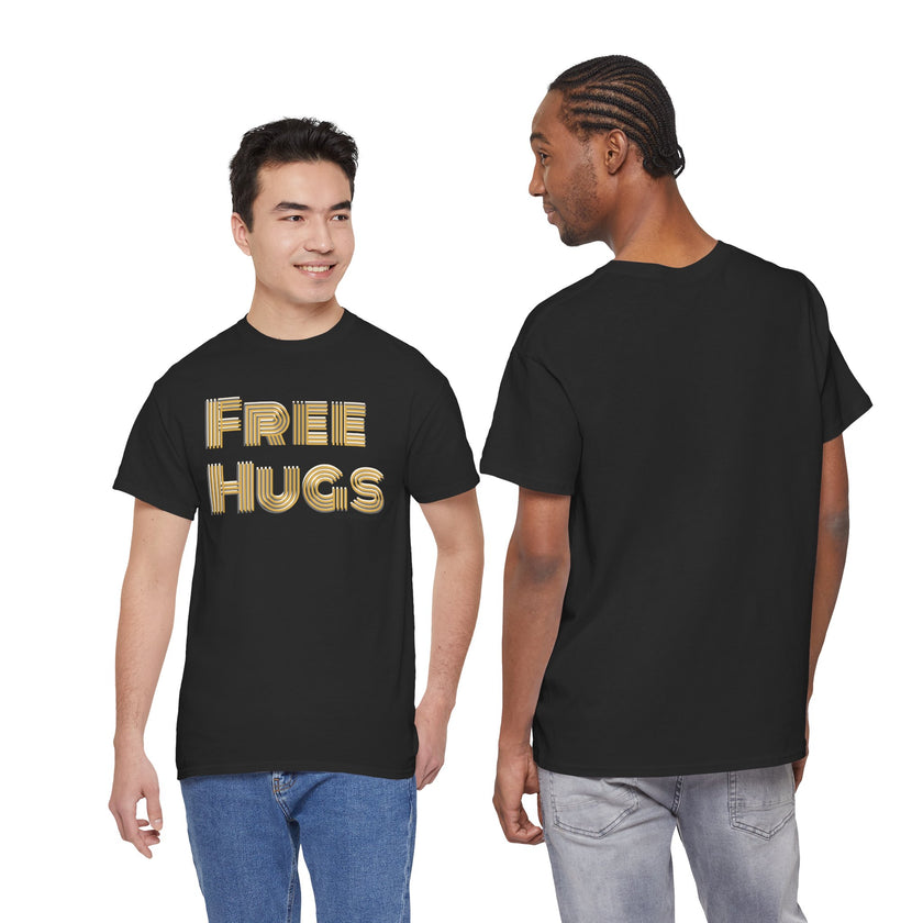 Free Hugs Tee | Retro Gold Stripe Text, Casual Comfort Shirt Smile Everyone