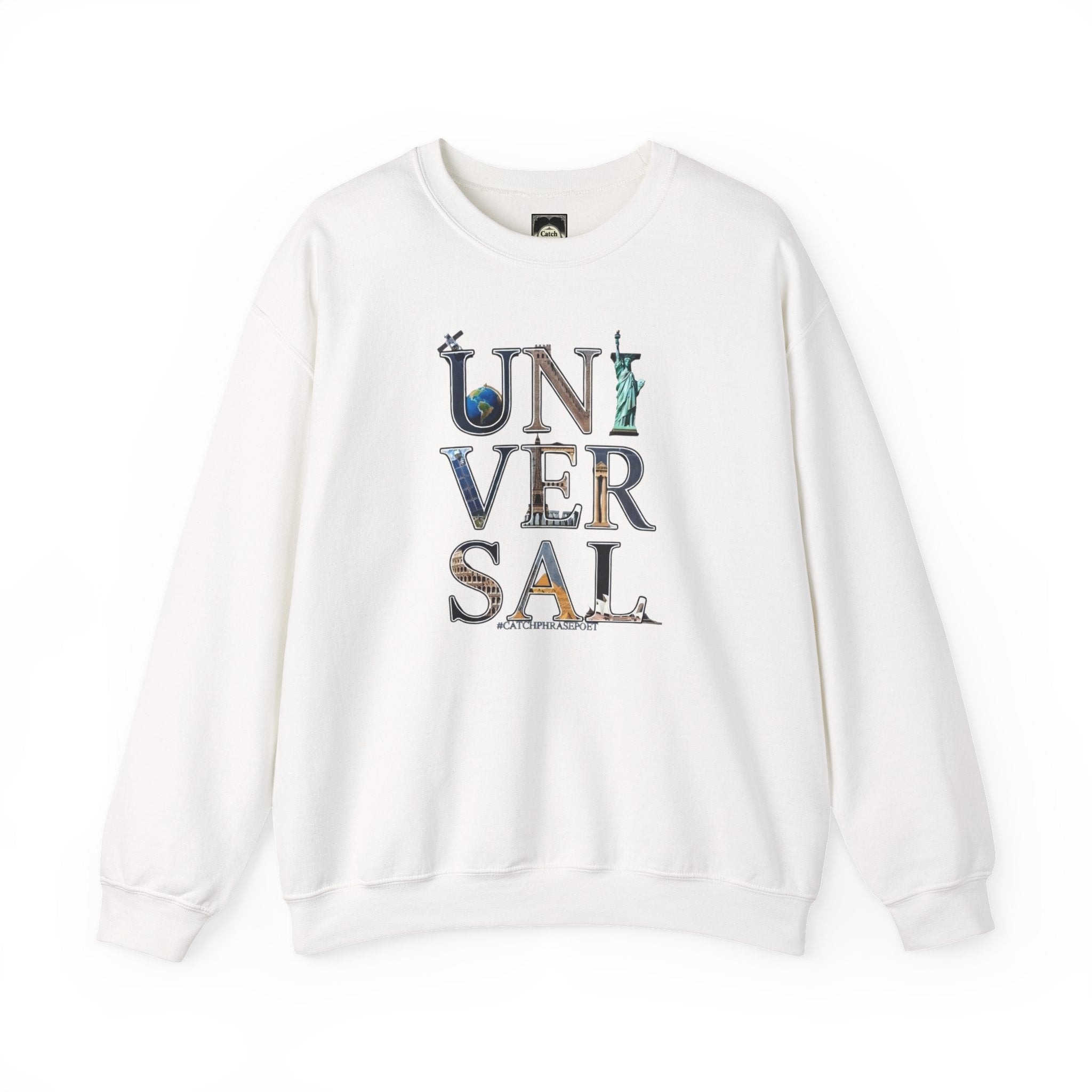 White crewneck sweatshirt with 'UNIVERSAL' in graphic letters featuring world icons