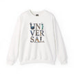 White crewneck sweatshirt with 'UNIVERSAL' in graphic letters featuring world icons