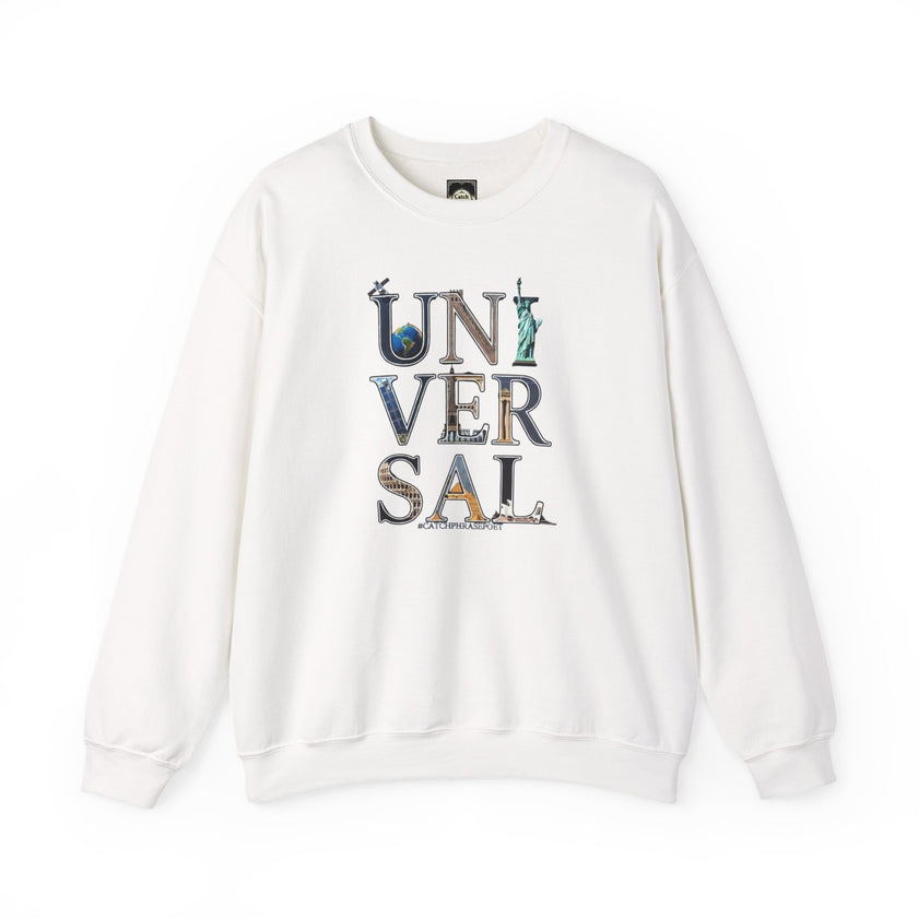 White crewneck sweatshirt with 'UNIVERSAL' in graphic letters featuring world icons