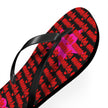 Flip-flop with red text and pink flower design on a black background