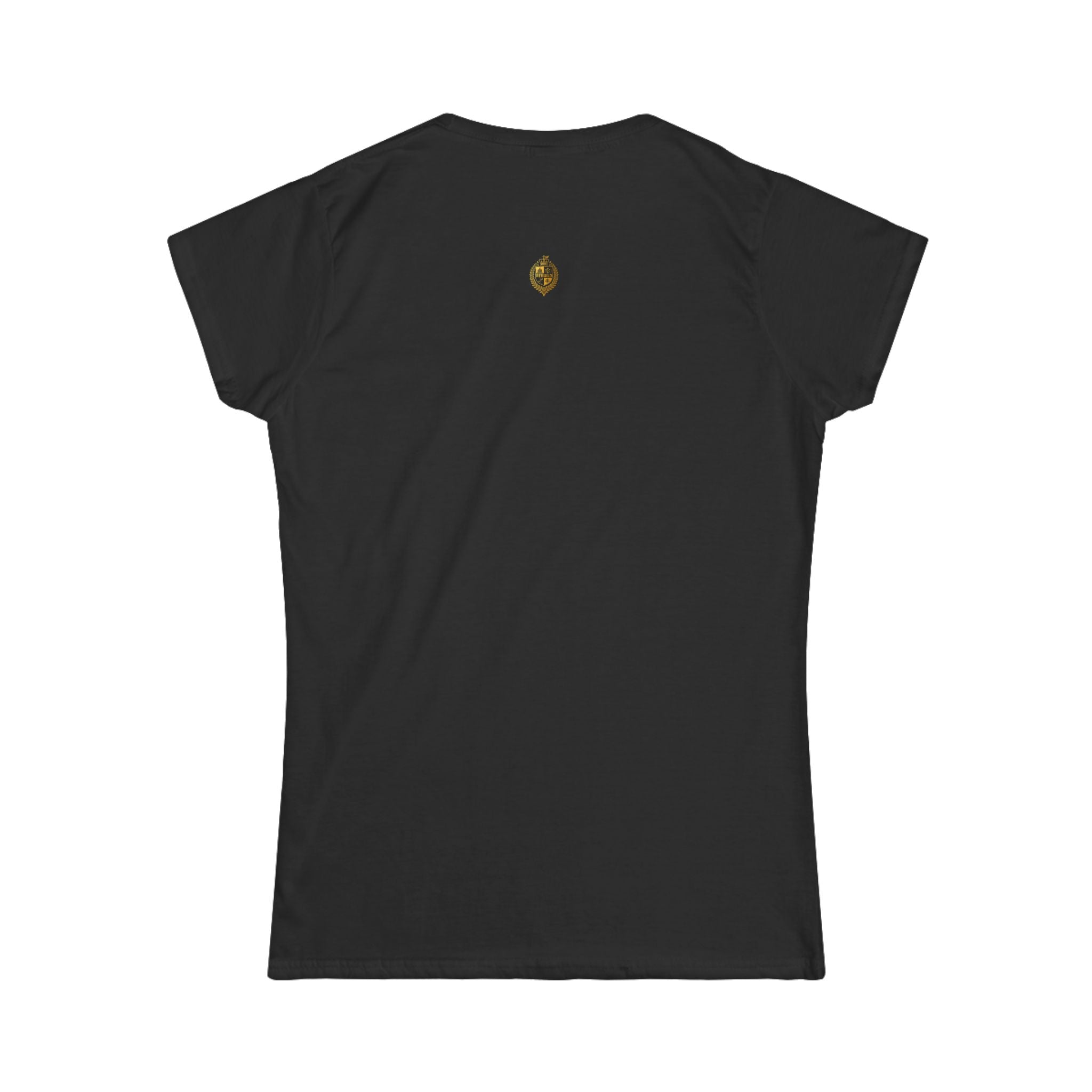 Black women's fitted t-shirt with small gold emblem on upper back