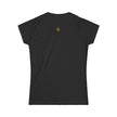 Black women's fitted t-shirt with small gold emblem on upper back