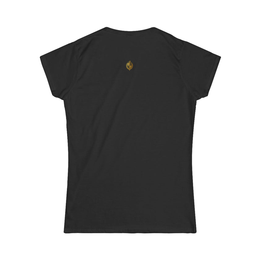 Black women's fitted t-shirt with small gold emblem on upper back