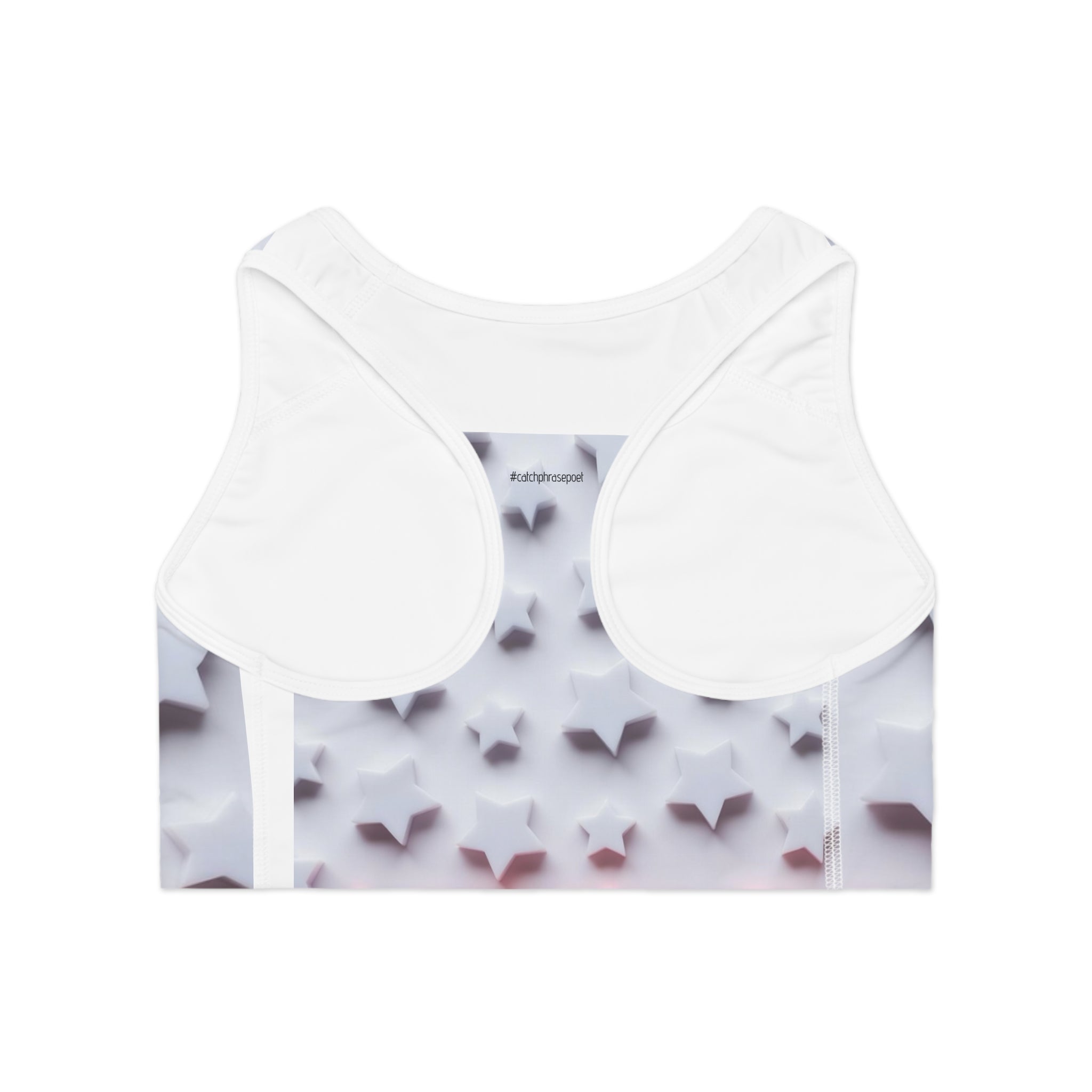 White sports bra with 3D star pattern and #catchphrasepoet text on the back