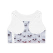 White sports bra with 3D star pattern and #catchphrasepoet text on the back